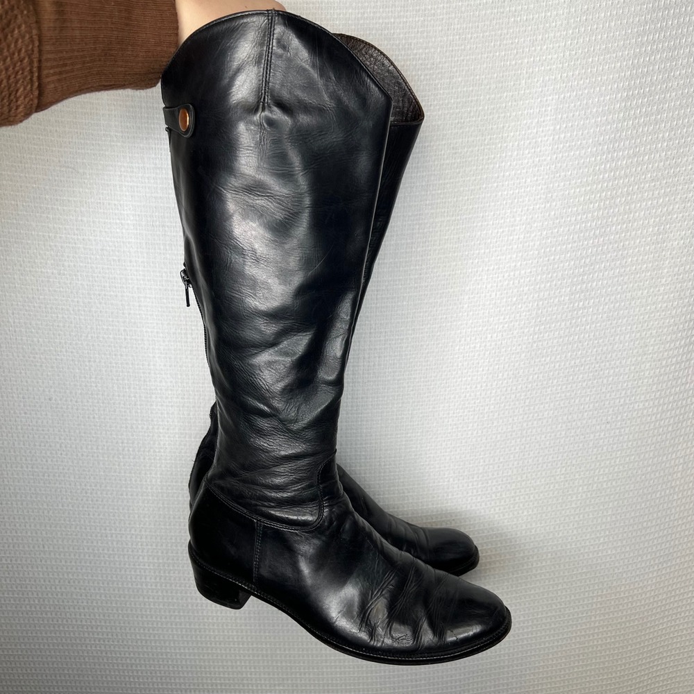 Black Leather Knee‎ High Boots Women Size 36 Zip Up Tall Riding Style